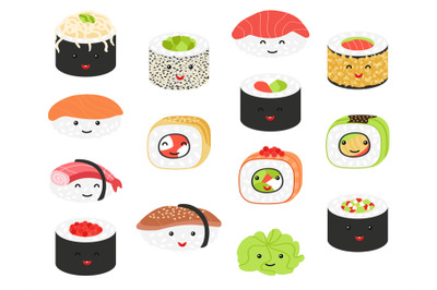 Sushi characters kawaii style. Japanese delicious food cute character,