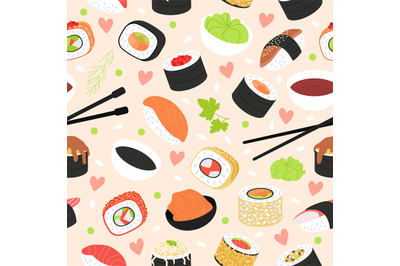 Sushi seamless pattern. Cartoon salmon and vegetables rolls. Japanese