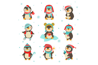 Cute cartoon penguin, xmas penguins holiday kit. Winter animals, xmas