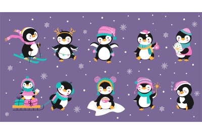 Funny xmas penguins, christmas holidays penguin wear hats and scarves.