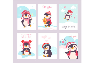 Winter greeting printable cards with cute cartoon penguins. Children f