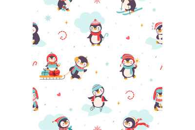 Baby penguins seamless pattern. Christmas penguin, xmas arctic animals