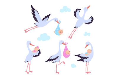 Cartoon flying storks with newborn. Bird migration&2C; stork hold babies