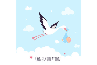 Baby shower congratulations printable card. Cartoon stork bring cute n