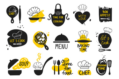 Restaurant cook logo with chef hats, pans and apron. Kitchen labels, p