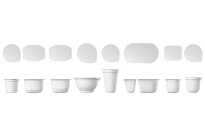 Realistic yogurt cups. Packaging cup with lid. Yoghurt mockup&2C; 3d whit