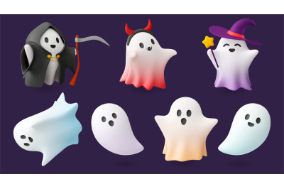 Cute 3d ghosts, render ghost halloween elements. Holiday cute horror c