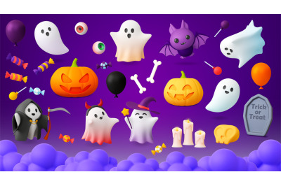 Halloween 3d elements. Horror mystery cartoon ghosts, pumpkin and bat.