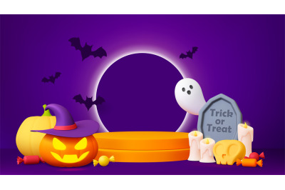 Halloween 3d poster, pumpkin witch, skull and candy. Cute render ghost