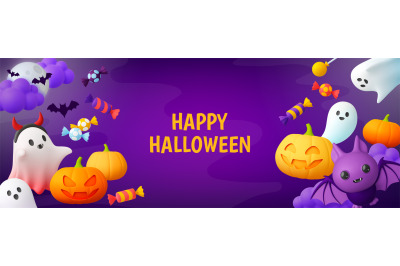 Promotion halloween banner, 3d ghost candy and pumpkin. Horror happy p