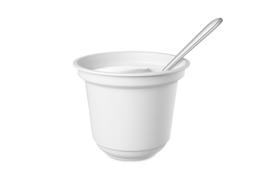 Fresh yogurt in white realistic plastic container with metal spoon. 3d