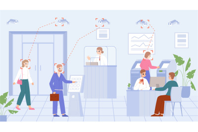 Clients face recognition in bank office. Customer service, counters an