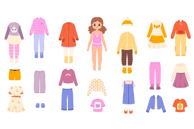 Kid paper doll with dress. Cut baby girl, cartoon clothes. Dress-up li