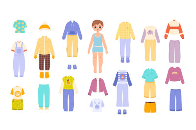 Fashion boy and clothes. Children cut game dress-up doll, fashion male