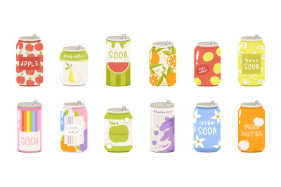 Drinks in cans, different soda beverage can. Juicy limonade packaging