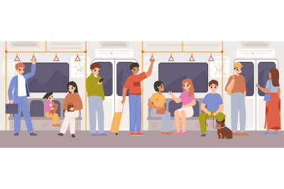 People in public transport, holding in bus or train. Metro travel, tra