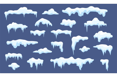 Snow and ice, winter snowy caps for roof design. Cartoon seasonal natu