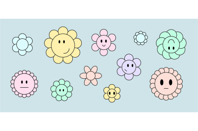 Abstract flowers faces, decorative chamomile or daisy characters. Retr