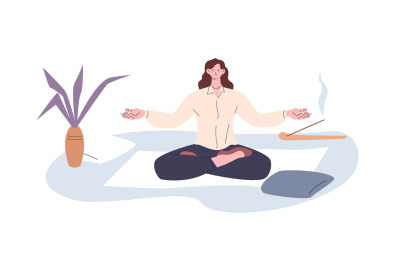 Business woman restores balance, meditating on lunch or evening. Wellb