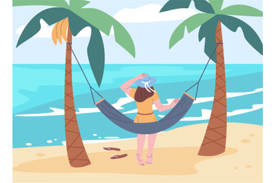Single woman relax on the beach in hammock. Girl looking at sea or oce