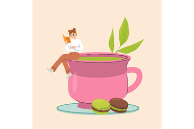 Young girl reading book and sitting on giant tea cup. Matcha or green