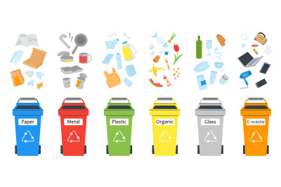 Waste separated in different bins. Organic materials, disposable item