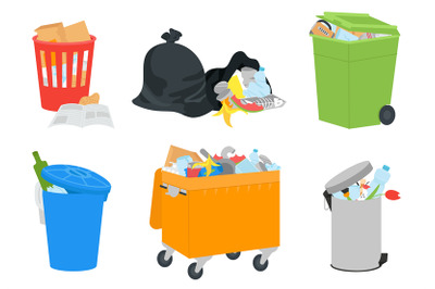 Trash bins with garbage, open dump and waste bags. Plastic bin, recycl