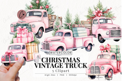 Watercolor Pink Christmas Vintage Truck