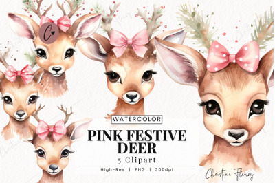 Watercolor Pink Festive Deer Clipart