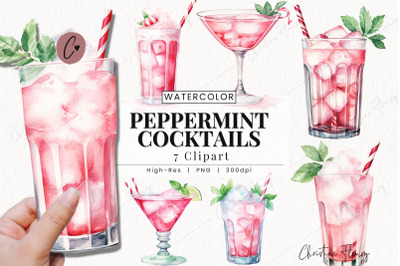 Watercolor Pink Peppermint Cocktails PNG