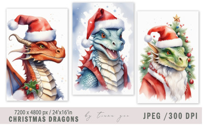 Christmas watercolor dragon illustration for prints- 3 Jpeg