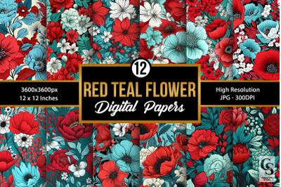 Red &amp; Teal Flowers Seamless Patterns