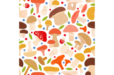 Mushroom seamless pattern. Forest planting, autumn mushroom, leaves an