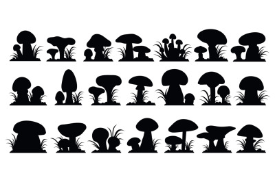 Black mushroom silhouettes&2C; fungus in grass icons. Forest mushrooms gr