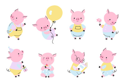 Cartoon pigs, funny hog characters in different poses. Happy pig, ador