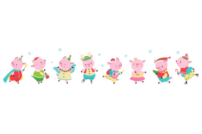 Christmas holidays pigs, new year party pig characters. Winter festive