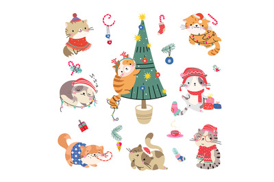 Cartoon christmas kitten&2C; happy holiday cats in xmas outfits. Funny cu