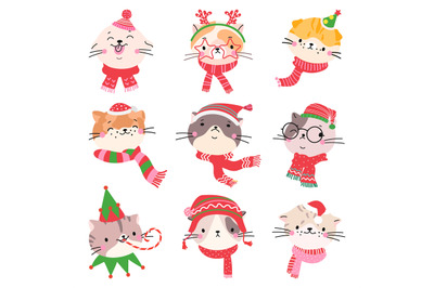 Cats christmas faces in holiday outfits. Cat avatars in santa hats and