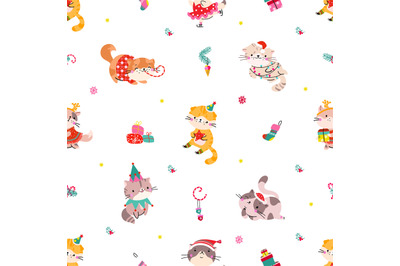 Christmas cats seamless pattern. Holiday kitty&2C; cat wear winter outfit