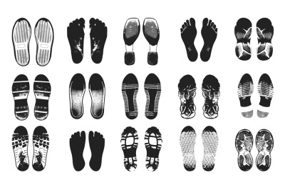 Footprint silhouettes&2C; black shoes shapes. Barefoot steps&2C; sole shoe a