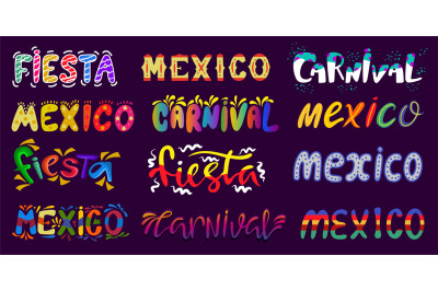 Carnival lettering, party celebrate floral fiesta text prints. Mexican