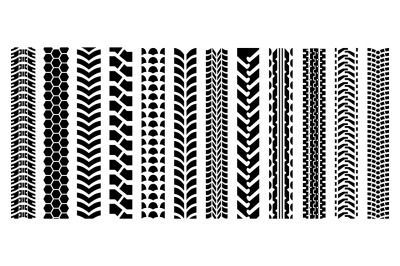 Tire tracks black isolated silhouettes set. Tires tread shapes&2C; car wh