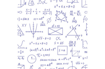 Math seamless pattern. Mathematics solutions, physics formulas. Number