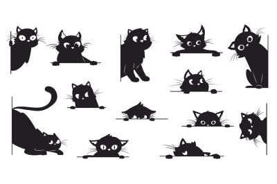 Black cat looking. Peeking cats silhouettes with big eyes. Playful muz