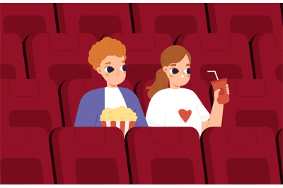 Couple in cinema, movie theater dating. Boy with girlfriend watch film