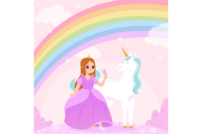 Little princess, sweet girl in dress with magic unicorn. Cartoon beaut