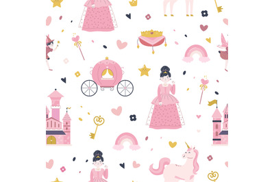 Princess seamless pattern. Castle, crown and little fairy lady in dres