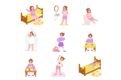 Active girl daily routine. Day schedule and activities kid, morning an