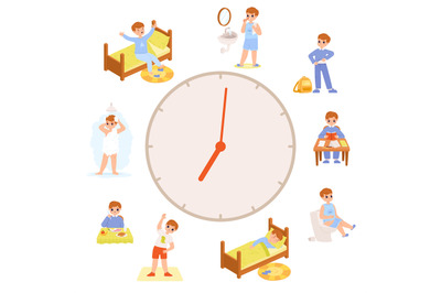 Little boy daily life schedule. Morning and day routine, time and disc