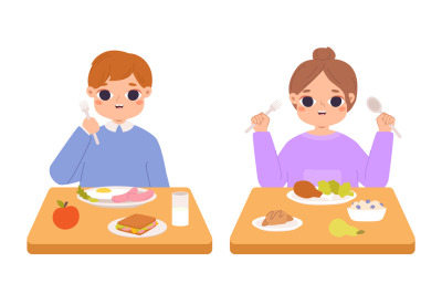 Children eating breakfast or lunch with fruits. Apple, sausage and san